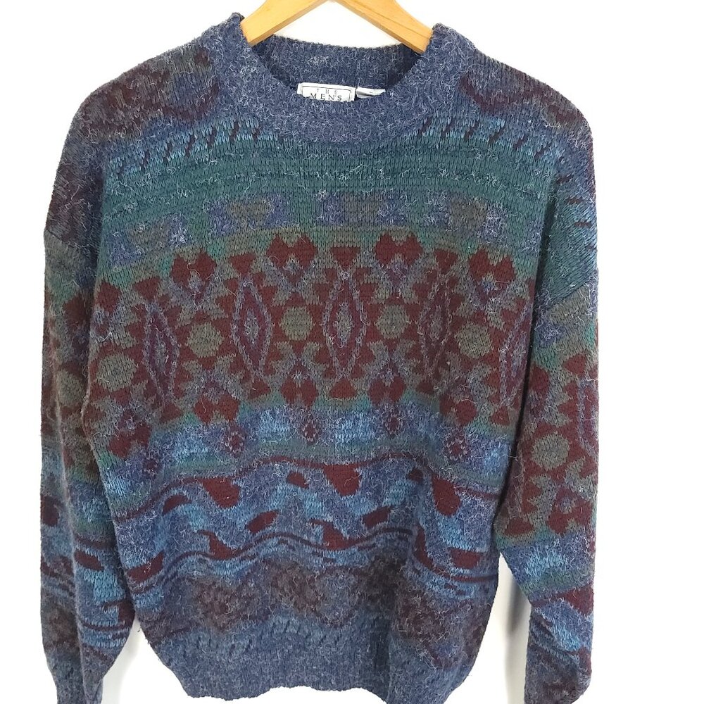 Vtg The Men's Store Sears Sweater XL Blue Gray Burgundy Aztec Southwest Design